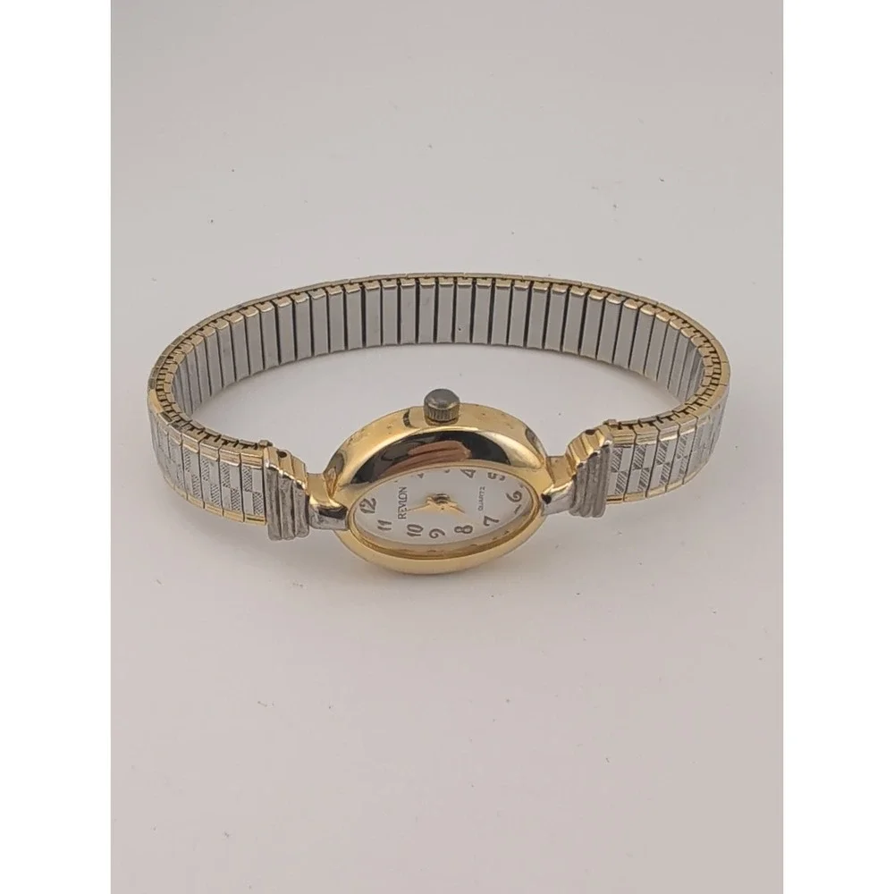 Vtg Revlon Women's Watch 20mm Gold Case Two Tone Stretch Band- New Battery